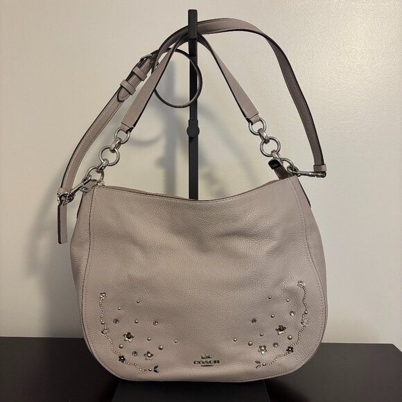 Coach Elle Hobo Taupe Gray Leather with Stardust Crystal Rivets - Picture 1 of 12